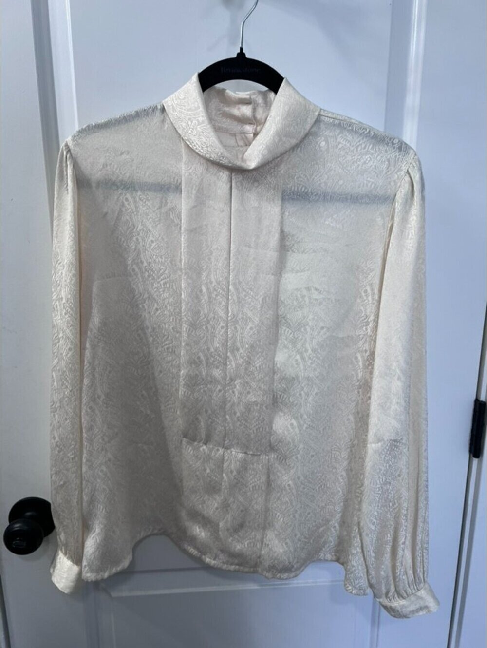 Nicola Ivory Paisley Jacquard Blouse Sz 14 Mock Neck Secretary Vintage Style